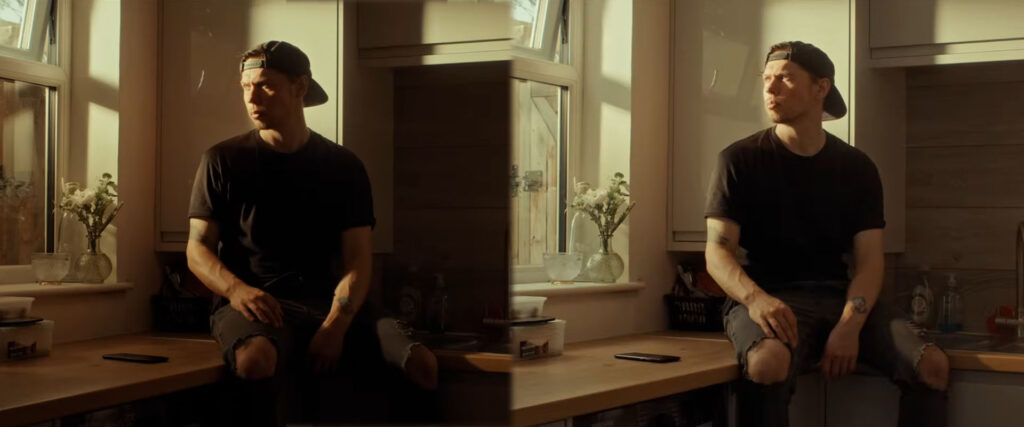 A comparision iamge of a man in a black t-shirt and ripped jeans sits on a counter by a window, bathed in warm light. 